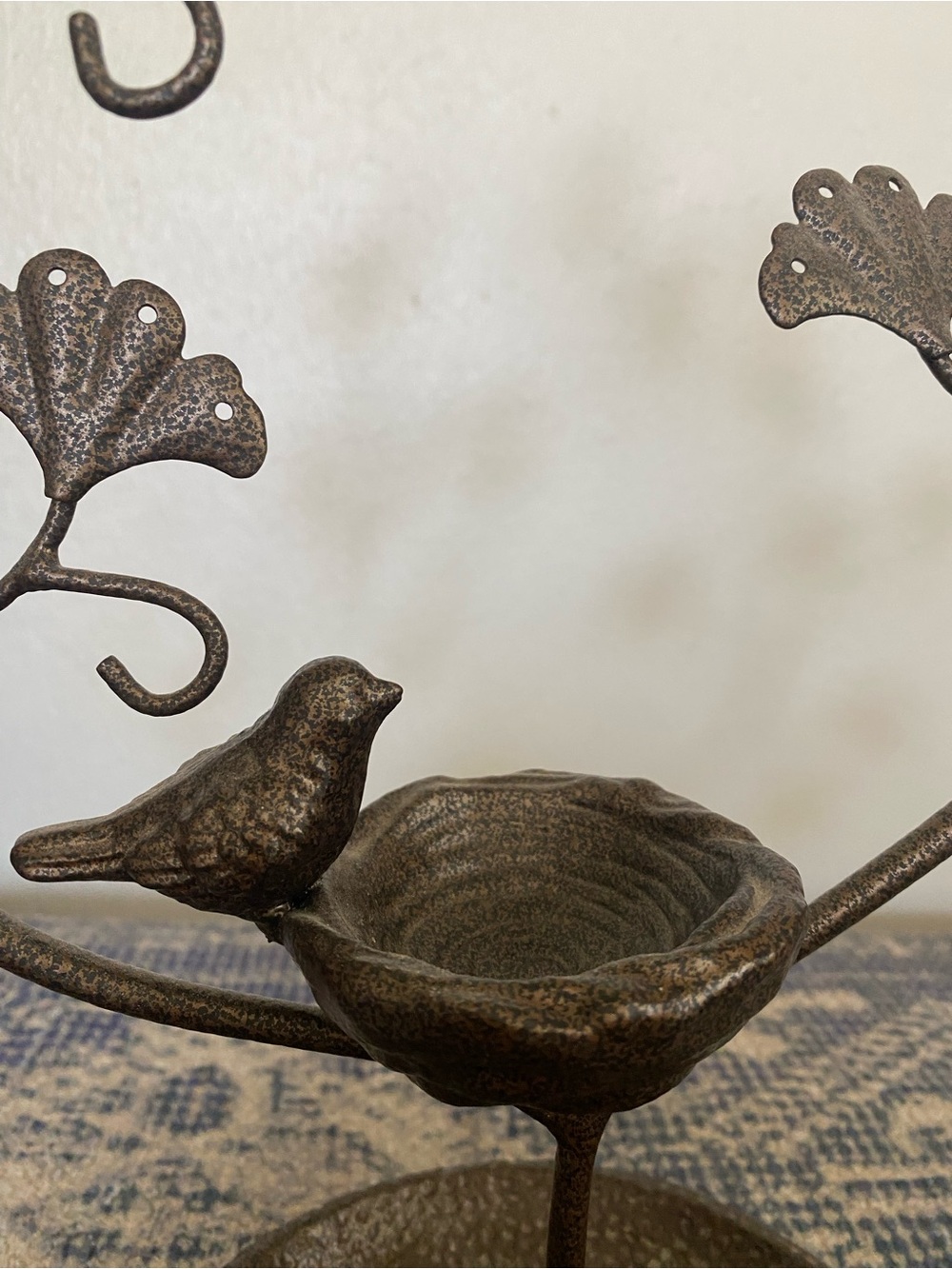 Bronze Cast Iron Ginkgo Leaf Jewelry Tree  Organizer with Bird Nest Trinket Dish - Picture 4 of 7
